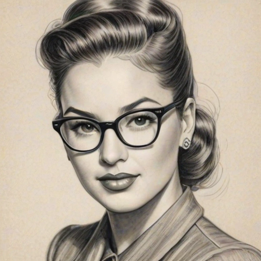Graceful Ne-Yo, pencil sketch, portrait of Splendid woman 1940s in glasses, hair style beatnik, outline, clear lines, fine lines, 8k