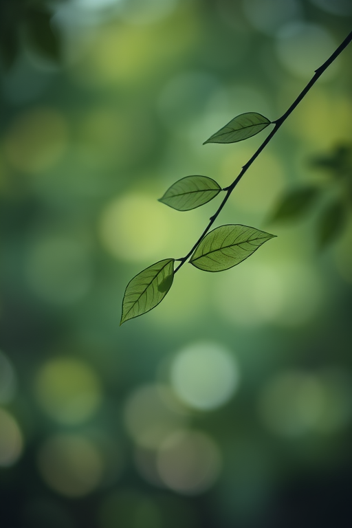 create a minimalist image of simple outlined leaves on a soft, blurred bokeh background, using a DSLR camera with a 50mm lens, aperture set to f/2.8 for a shallow depth of field, ISO 100, and a slight vignette effect to enhance focus on the leaves