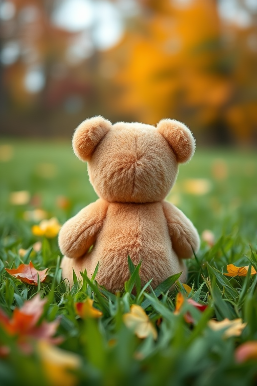 A plush teddy bear sitting on green grass with colorful autumn leaves, soft focus background, shallow depth of field, 50mm lens, f/2.8 aperture, natural light, taken from a low angle to emphasize the bear's back, DSLR camera.