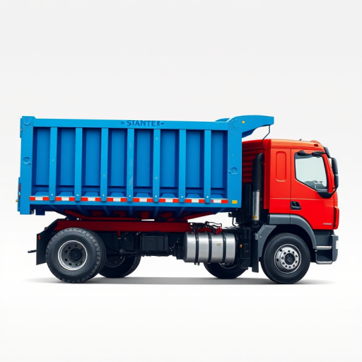 Create a high-resolution illustration of a red dump truck with a blue cargo bed, captured with a Canon EOS 5D Mark IV at f/8, 1/250s, ISO 100, in a side view to enhance detail and clarity.