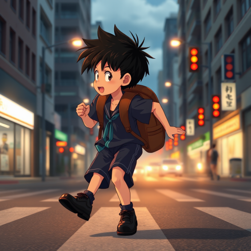 In the Japanese boondocks photorealistic anime, the camera focuses on strong muscular sideview of 9 year old boy his perfect face conveys powerful mighty passion, wearing black school dress-shoes, wearing dark blue matching school uniform. he runs lightly across wide busy city street. with stoplights in backdrop, The animation highlights the dynamic of the boy's clothes and hair blowing in the wind as he moves around, wearing leather backpack,