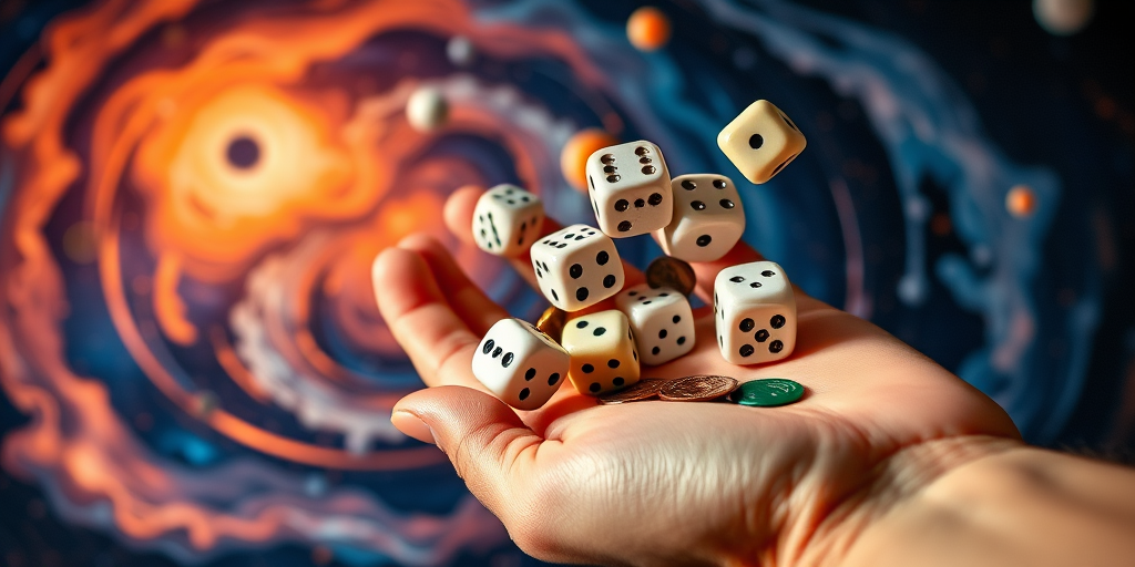 A dynamic composition featuring a hand manipulating multiple artistic dice and tokens against a swirling cosmic backdrop; camera settings: f/2.8 aperture, 1/200 sec shutter speed, ISO 100; camera view: close-up; camera style: high contrast; camera type: DSLR.