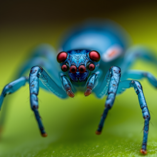 close-up of a stylized blue arachnid with glossy texture and red eyes, soft lighting, high-resolution, 85mm lens, f/2.8, ISO 100, macro photography, DSLR camera, shallow depth of field, smooth gradient background
