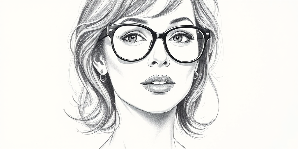 Beautiful Sigourney Weaver, pencil sketch, portrait of beautiful woman 60s in glasses, hair style beatnik, outline, clear lines, fine lines, 8k