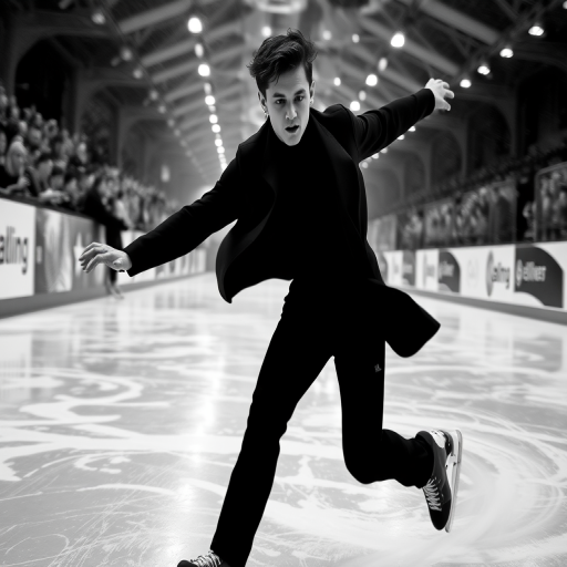 Create a high-contrast black and white image of a male figure skater in motion, emphasizing fluidity and grace, captured with a 50mm lens at f/1.8, ISO 100, and a shutter speed of 1/500s, with a low-angle view to enhance the dynamic movement and an abstract background of swirling ice patterns and blurred spectators to convey energy.