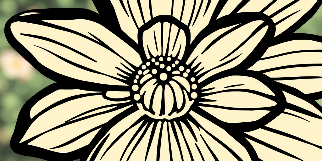 Regenerate an illustration of a flower with bold black outlines and a cream-colored center, shot with a DSLR camera at f/5.6 aperture, 50mm lens, 1/125s shutter speed, in soft natural lighting for enhanced detail and texture.