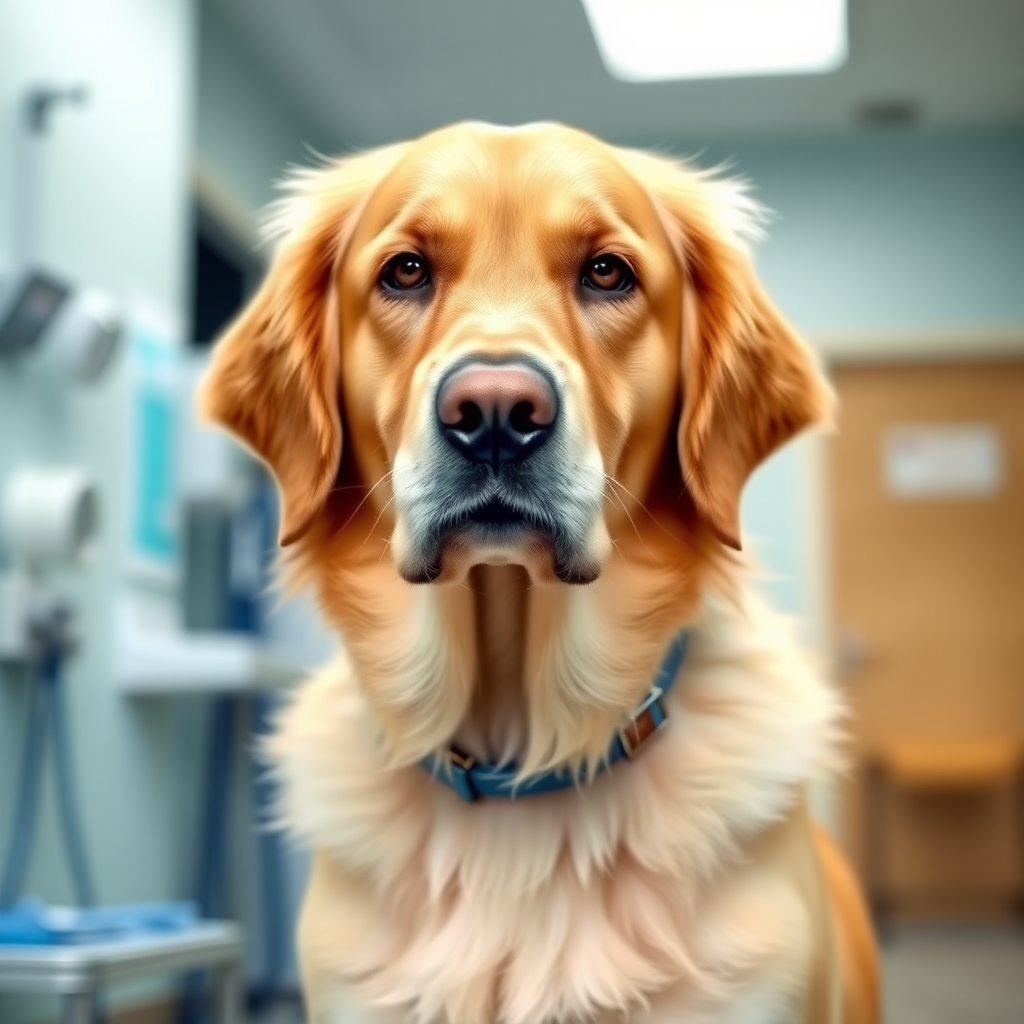 Generate an image of a golden retriever with a calm expression, standing in a veterinary clinic. The background should include soft lighting and hints of medical equipment. The dog should have a blue collar and be looking directly at the viewer.