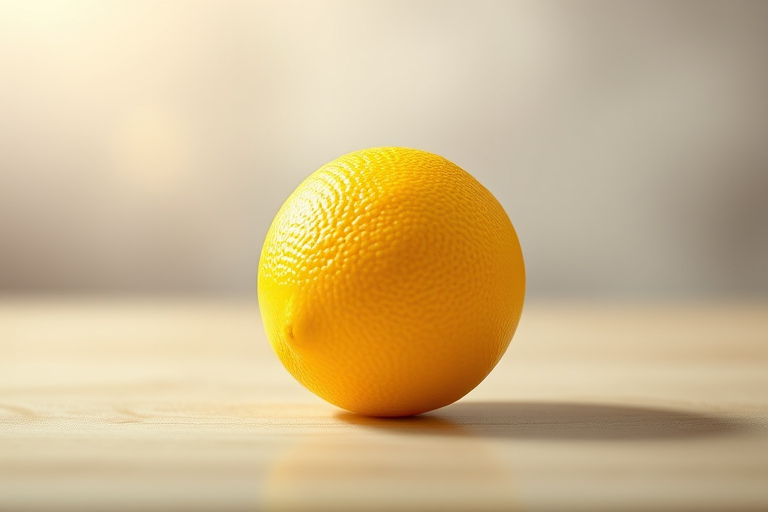 Create a hyper-realistic illustration of a lemon, set against a soft blurred background, using a DSLR camera with a 50mm lens, aperture f/1.8, ISO 100, and a shallow depth of field for enhanced focus on the fruit.