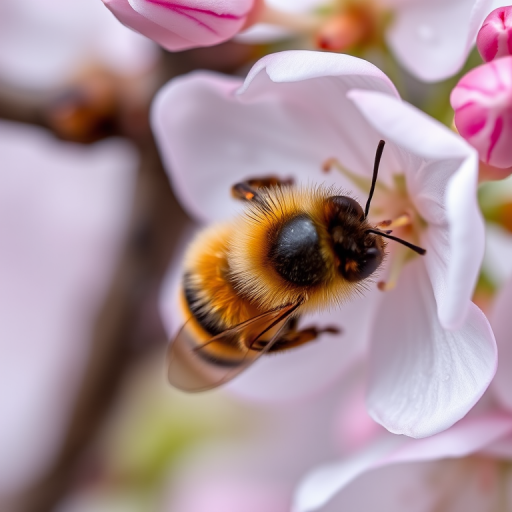 Close-up of a bee on a cherry blossom flower, soft focus background, f/2.8 aperture, ISO 100, 1/200 sec shutter speed, 50mm macro lens, natural light, DSLR camera.