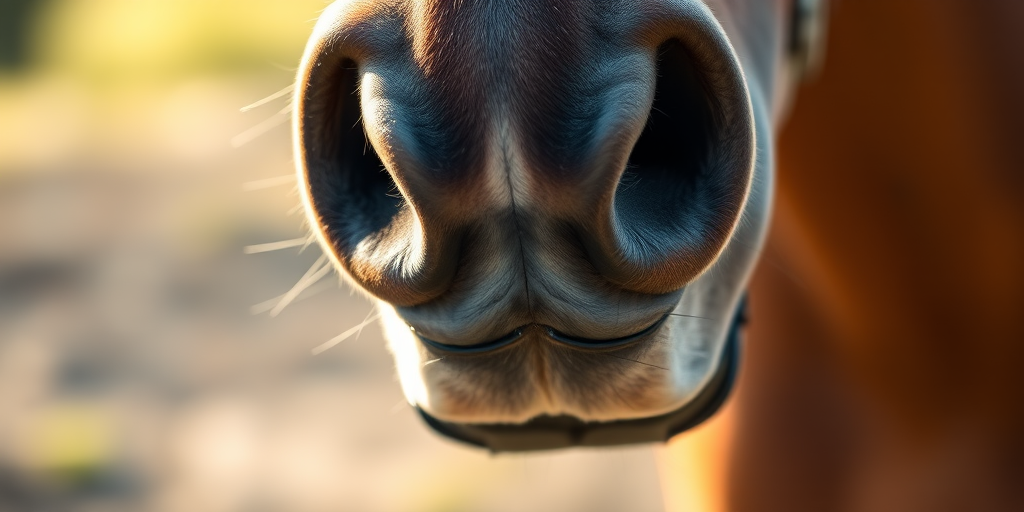 close-up shot of a horse's nose with a shallow depth of field, natural lighting, shot with a DSLR camera at 50mm f/2.8, ISO 100, aperture priority mode
