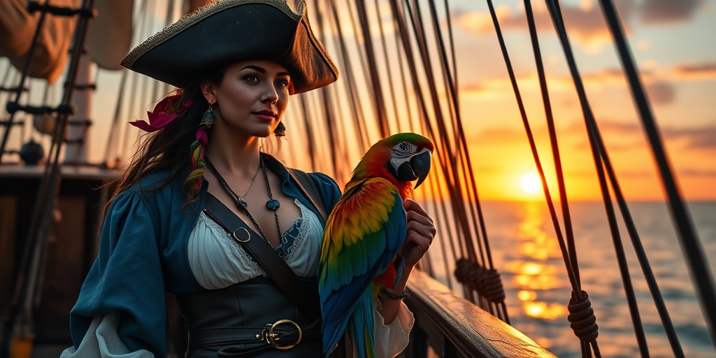 Create an image of a female pirate standing on the deck of a ship with a colorful parrot on her arm, in a realistic style, with a wide-angle lens at f/2.8, ISO 100, and a warm sunset lighting to enhance the vibrant colors and details in the scene.
