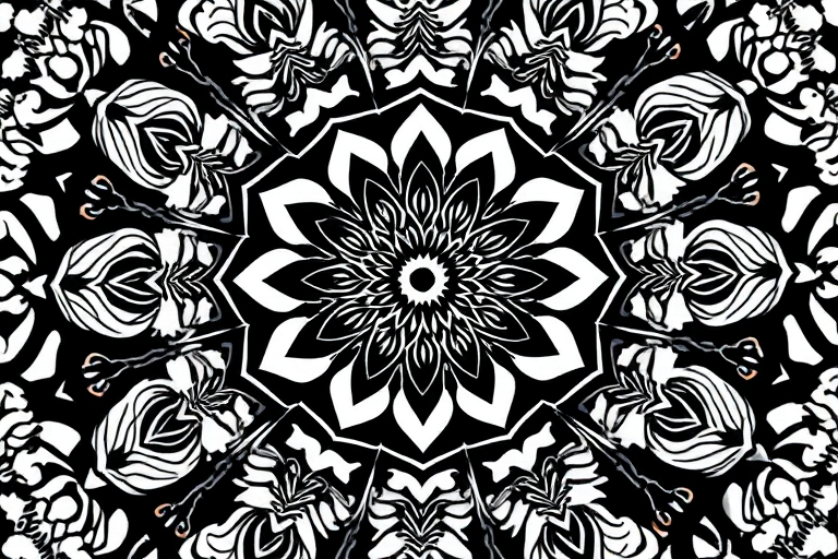create a black and white mandala with intricate floral patterns and geometric designs, shot using a macro lens at f/8 aperture, 1/125 sec shutter speed, ISO 100, top-down view, digital art style
