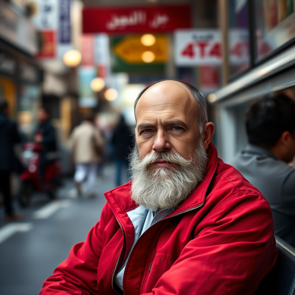 portrait of a man with a gray beard wearing a red jacket seated in a bustling urban environment, shallow depth of field, natural lighting, focus on the man, 85mm lens, f/1.8 aperture, ISO 100, 1/200s shutter speed, DSLR camera