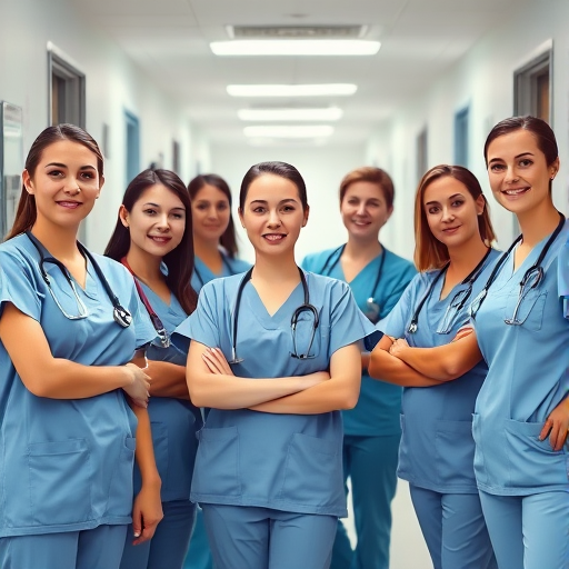 A group of female healthcare professionals in scrubs standing confidently in a hospital corridor, shallow depth of field, f/2.8 aperture, ISO 200, 50mm lens, soft lighting, portrait orientation, DSLR camera.