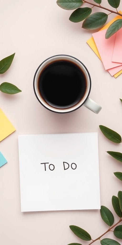 flat lay of a workspace with a cup of black coffee, an empty notepad with a "TO DO" label, colorful sticky notes in soft pastel colors, and green leaves, captured with a DSLR camera at f/2.8 aperture, ISO 100, 1/100 sec shutter speed, natural light, top-down view