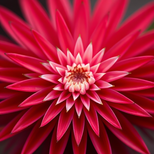 create a vibrant, multi-layered starburst design with shades of red and pink, captured with a DSLR camera at f/4, ISO 100, 1/250 sec, using a macro lens for sharp details and a soft-focus background.
