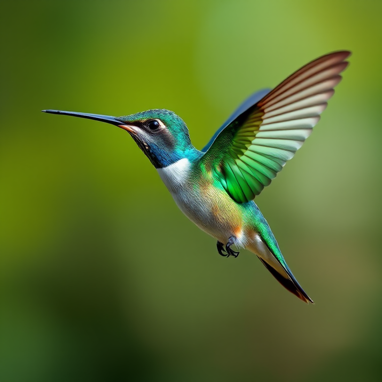 Create a high-resolution illustration of a hummingbird in flight, featuring vibrant green and blue gradients on the feathers, captured with a Canon EOS 5D Mark IV, at f/8 aperture, 1/1000 sec shutter speed, ISO 400, using a macro lens for detailed texture and color clarity, with a soft-focus background to emphasize the bird.