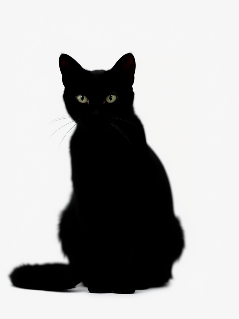 Generate a high-resolution image of a simple black silhouette of a cat sitting elegantly, shot with a DSLR camera using a 50mm lens, aperture f/1.8, ISO 100, in soft natural light for a clean background.