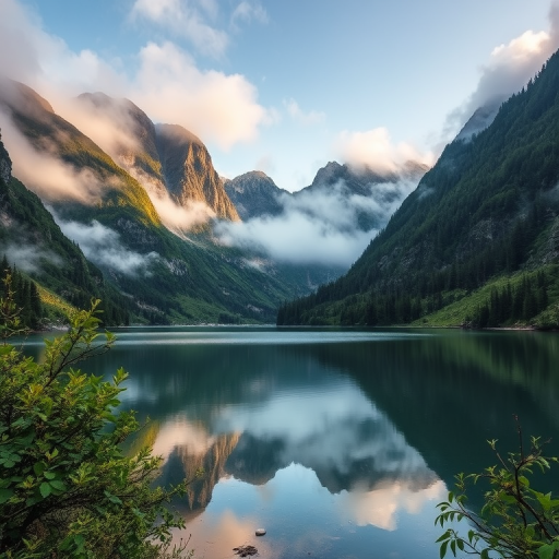 capture a serene mountain lake surrounded by lush greenery and misty peaks, low angle view, wide aperture f/2.8, shutter speed 1/250s, ISO 100, DSLR camera, HDR high dynamic range, natural lighting