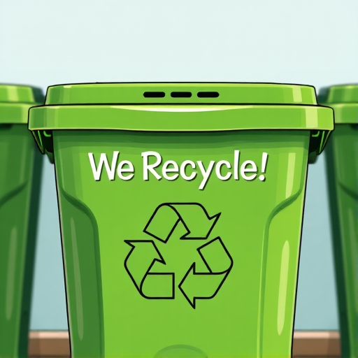 Create a detailed illustration of a green recycling bin labeled "We Recycle!" featuring a prominent recycling symbol, in a bright, engaging style, shot with a Canon EOS 5D Mark IV, aperture f/4, ISO 100, focal length 50mm, in a well-lit environment to enhance colors and clarity.