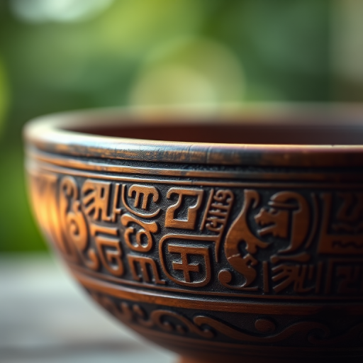 Regenerate an image of a wooden bowl with intricate carvings and symbols, soft focus background, macro view, aperture f/2.8, ISO 100, 50mm lens, natural light, with a warm green tint.