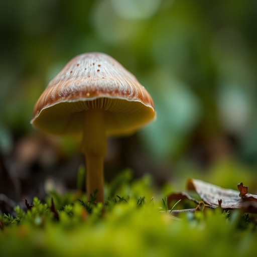 mushroom growing in a lush green setting with soft bokeh background, captured with a Canon EOS 5D Mark IV, 100mm f/2.8 macro lens, aperture f/2.8, shutter speed 1/200s, ISO 100, natural light, close-up perspective