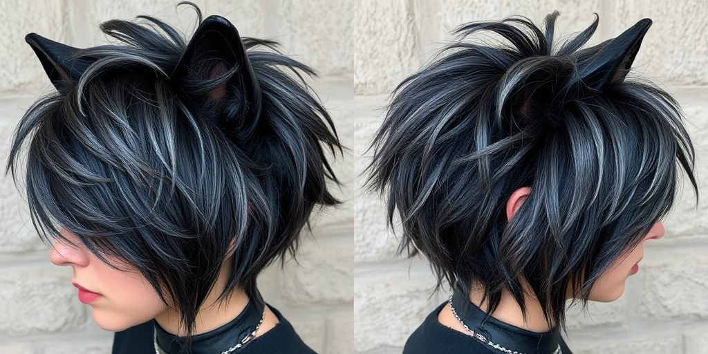 Edgy charcoal gray wolf cut named Smoky Rebel featuring choppy layers and feathered texture throughout with subtle silver highlights adding dimension and movement to this grunge-chic style