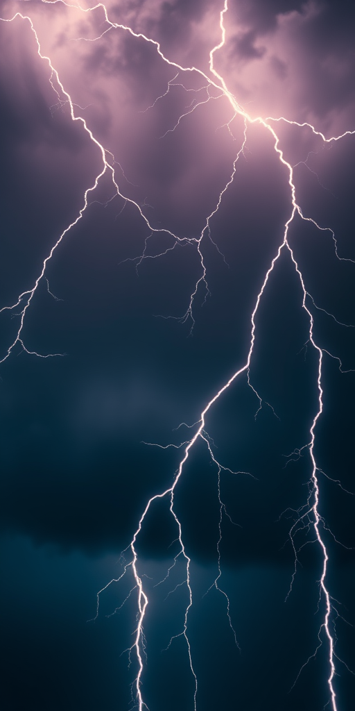 Create a high-contrast image of dramatic lightning bolts against a dark stormy sky, captured with a DSLR camera at ISO 800, f/8 aperture, 1/500s shutter speed, shot from a low angle for a dynamic perspective.