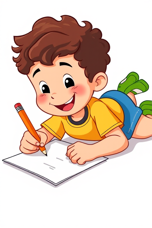 Create an image of a cheerful cartoon boy with curly hair lying on his stomach, writing on a sheet of paper with a large pencil, wearing a yellow shirt and blue shorts, with green sneakers, using vibrant colors and a clear background, shot with a DSLR camera at f/2.8, ISO 100, 50mm lens, bright lighting.