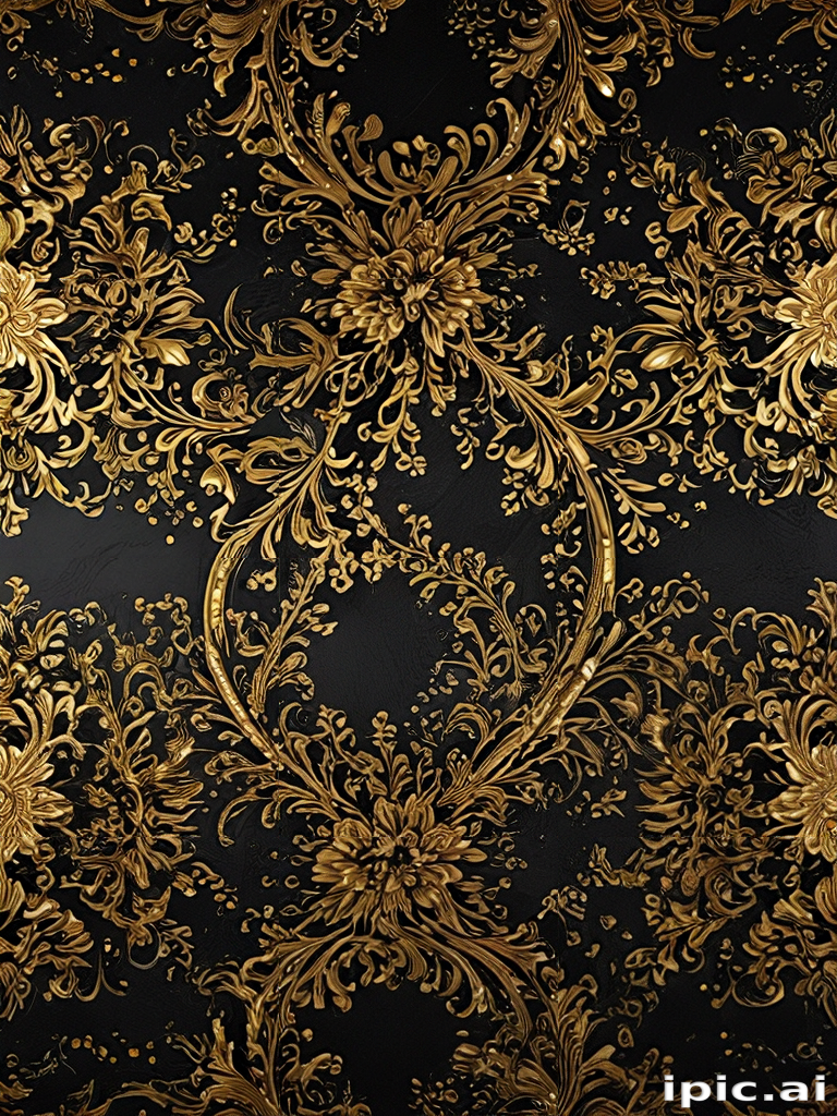 Elegant Floral Design in Rich Gold on Black Background for Luxurious Decor