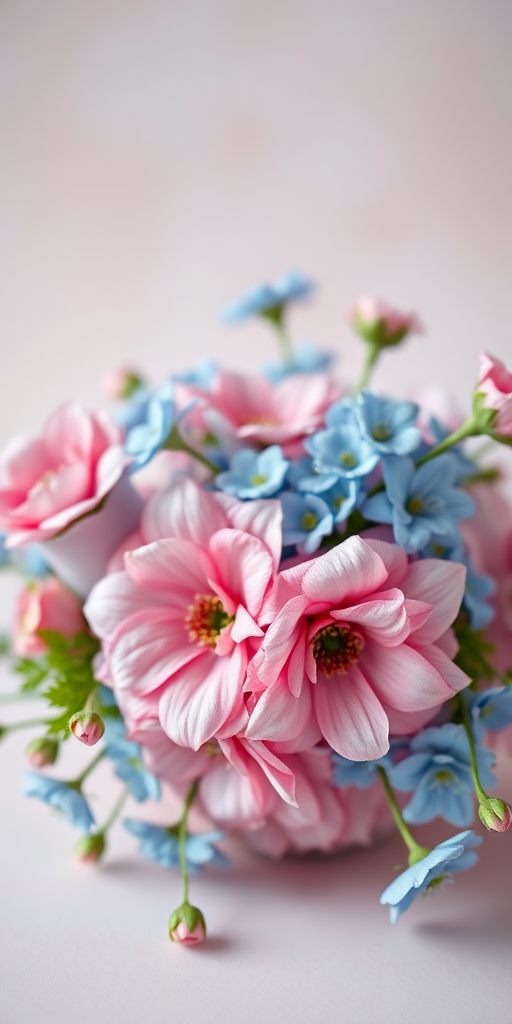 floral arrangement with pink and blue flowers on a soft pastel background, shallow depth of field, f/2.8 aperture, 50mm lens, ISO 100, soft diffused lighting, shot with a DSLR camera