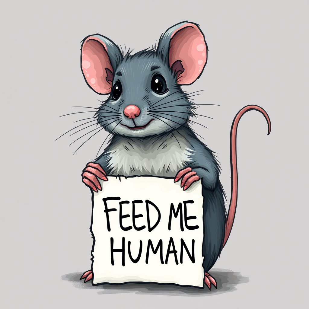 mouse holding a note which says "FEED ME HUMAN"