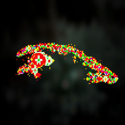 Create a high-resolution digital artwork of Cuba's outline filled with vibrant, colorful pixel patterns, using a Canon EOS R5 camera, 50mm lens, f/1.8 aperture, ISO 100, 1/200s shutter speed, shot from a frontal view with a depth of field effect.