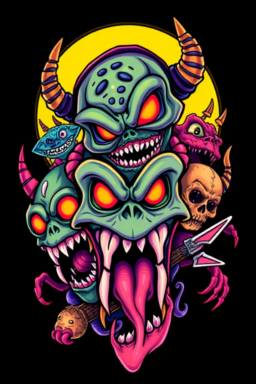 New school tattoo design titled "Neon Nightmares" depicting exaggerated cartoon-style monsters and creatures in vivid, eye-catching colors with bold outlines