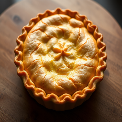Create a high-resolution image of a golden, round pie with a smooth crust and decorative top, using a Canon EOS 5D Mark IV, 50mm lens, f/2.8 aperture, 1/125s shutter speed, and natural soft lighting for an appealing look.