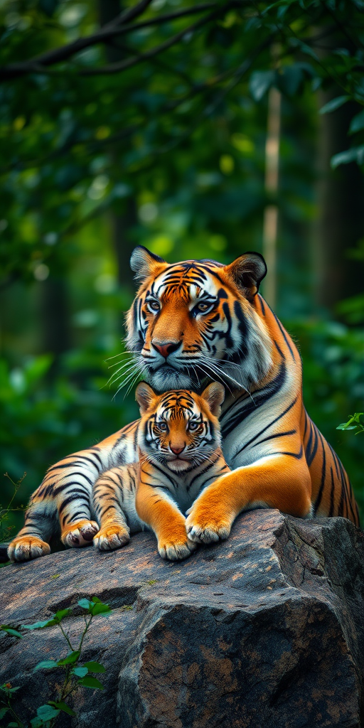 A majestic tiger and its cub resting on a rock in a lush green forest, shot with a Canon EOS 5D Mark IV, 50mm lens, aperture f/2.8, shutter speed 1/250s, ISO 400, natural light, shallow depth of field for a soft background blur.