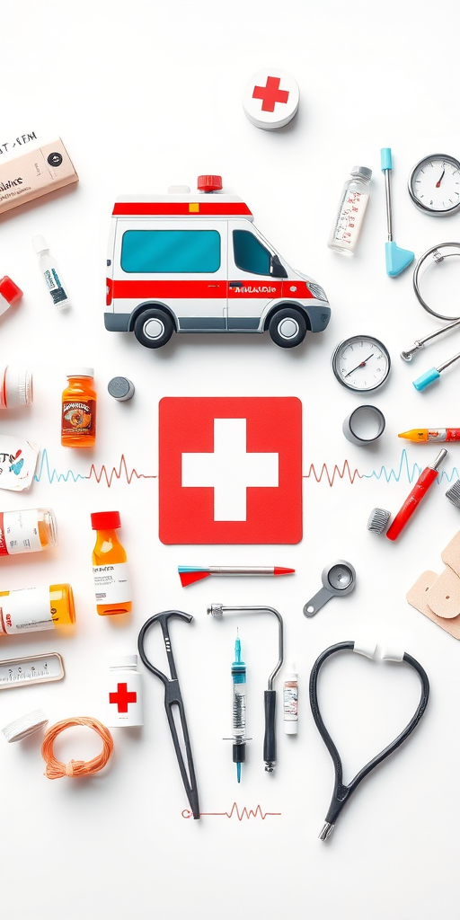 Create a detailed illustration of medical items including an ambulance, medication bottles, a first aid cross, heartbeat lines, a thermometer, vials, a syringe, a stethoscope, bandages, and a crutch on a white background, shot with a Canon EOS R5, 50mm lens, f/2.8 aperture, ISO 100, in a well-lit studio setting to enhance clarity and reduce shadows.