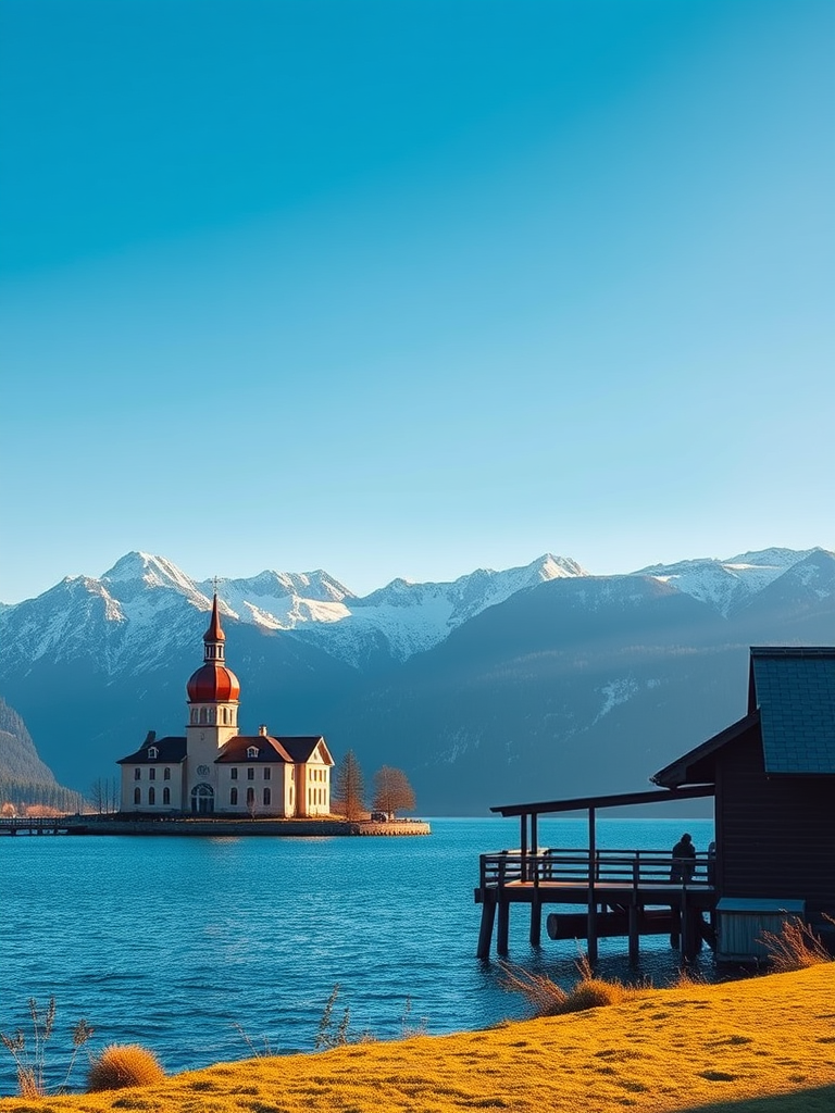 Capture a serene landscape of a lakefront building with a red domed church beside a wooden structure, set against majestic snow-capped mountains under a clear blue sky, using a DSLR camera with a 24mm lens, f/8 aperture, ISO 100, and a wide-angle view during golden hour.
