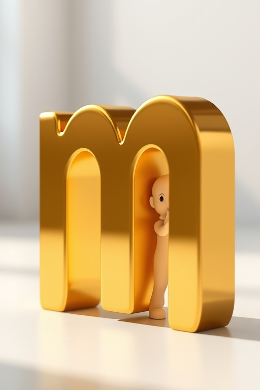 Create a 3D render of a golden letter 'm' with a small white figure peeking from behind it, using a DSLR camera set to f/2.8 aperture, 50mm lens, ISO 100, in soft natural lighting, shot from a low angle for dramatic effect.