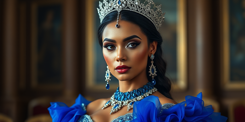 A gorgeous Maori woman in a luxurious blue gown, accessorized with a dazzling tiara and statement earrings, her deep black eyes highlighted by impeccable makeup, poised in a royal setting, photorealistic, 8K quality