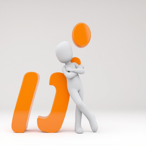 Create a 3D render of a stylized white character leaning against a large orange letter 'i', use a DSLR camera with an aperture of f/4, ISO 100, shutter speed 1/125s, in a studio setting with a softbox for even lighting and a shallow depth of field.
