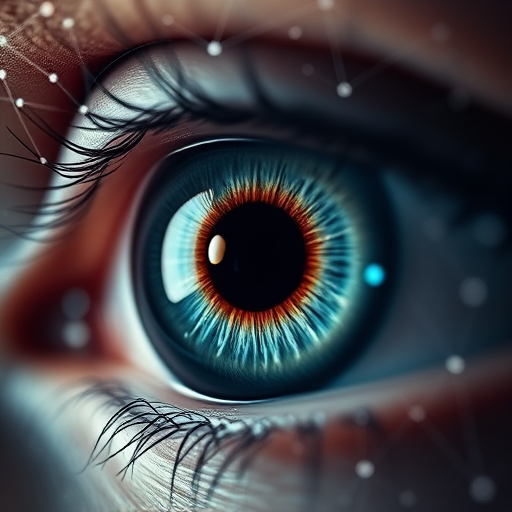 Create a digital artwork of an eye with a circular camera lens at the center, surrounded by a network of interconnected lines and dots, use a 50mm lens, f/1.8 aperture, ISO 100, shot in macro style with a Canon EOS R5 to enhance image clarity and detail.