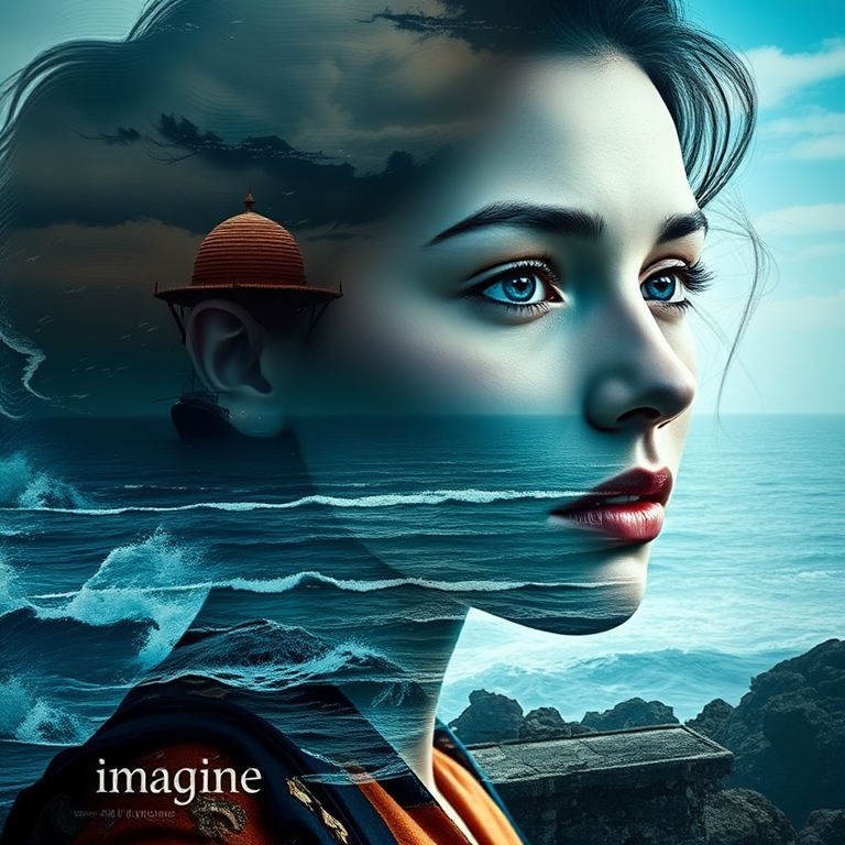 imagine Book cover, A surreal double exposure portrait that blends a woman's face with a beautiful seascape. The overall mood is dreamy and mystical, with rich colors and intricate details