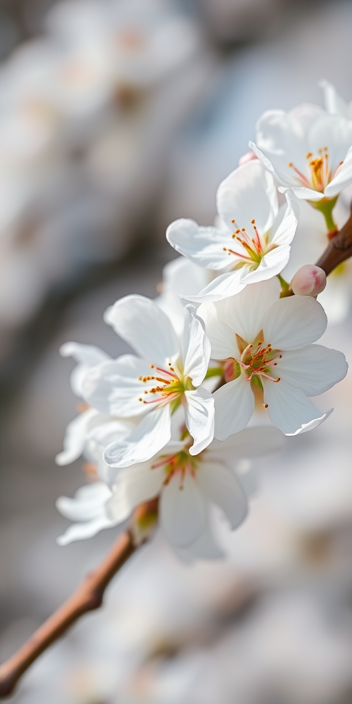 high-resolution close-up of white cherry blossom flowers on a branch, soft focus, aperture f/2.8, 50mm lens, natural light, shot with a DSLR camera, shallow depth of field, enhance color vibrancy and detail