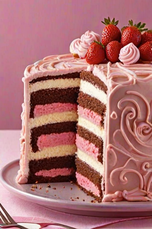 Create an image of a multi-layered cake with distinct layers of chocolate, vanilla, and strawberry filling. The exterior should be frosted in pink icing and topped with swirls of pink frosting and decorative candies. Show a cross-section of the cake to highlight the layers and textures.