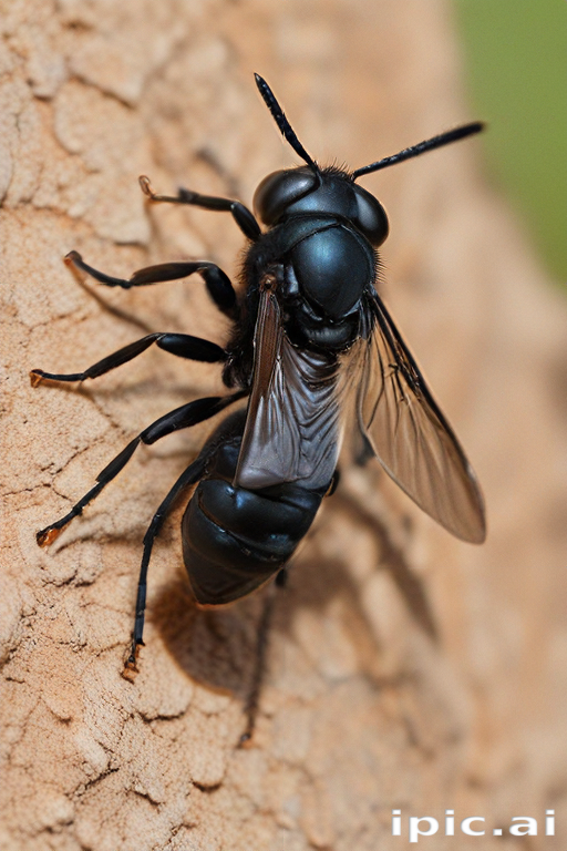Close-Up of a Black Insect Crawling on Textured Tree Bark Surface