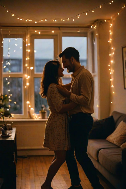 Low-light, intimate photo of a couple dancing in their living room, fairy lights strung up around the windows, soft music playing in the background, their faces close together, warm lighting from a small lamp casting long shadows on the walls, a gentle smile on both of their faces.