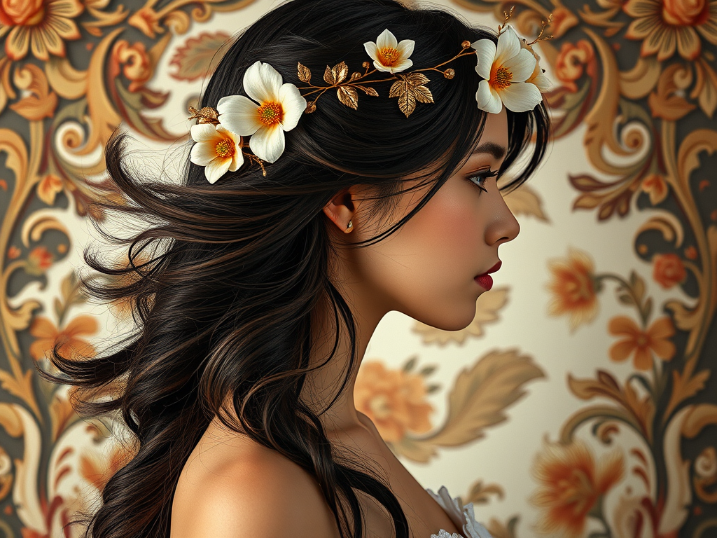 Regenerate an image of a young woman in profile with flowing dark hair decorated with flowers and ornate golden accents, set against a background of intricate floral patterns, using a Canon EOS R5 camera, 50mm f/1.2 lens, at f/1.2, ISO 100, natural lighting with a soft focus style.