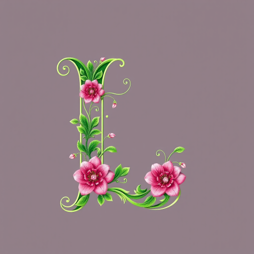 Create an ornate letter "L" with intricate floral designs in green and pink, high resolution, 50mm lens, f/2.8 aperture, natural light, DSLR camera.