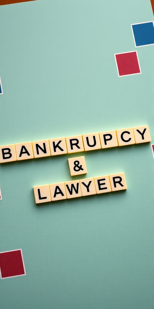 Regenerate a high-resolution image of a Scrabble board featuring the words BANKRUPTCY and LAWYER, shot with a Canon EOS R5, 50mm lens, aperture f/1.8, ISO 100, natural light, top-down view.